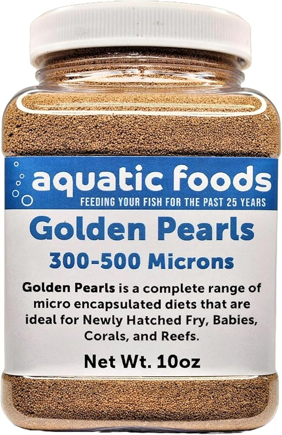 Golden Pearls 300-500 Micron Size New Fry, uveniles of Shrimp, Axolotls, Discus, Cichlids, Catfish, Tetras, Angel Fish, Guppies, Bettas, Goldfish, Corals, Reefs …10oz Small Jar