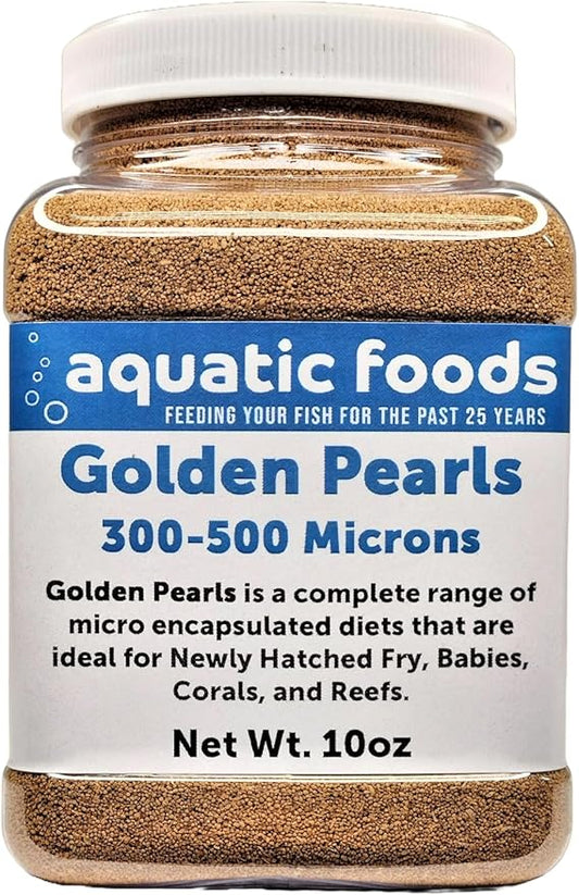 Golden Pearls 300-500 Micron Size New Fry, uveniles of Shrimp, Axolotls, Discus, Cichlids, Catfish, Tetras, Angel Fish, Guppies, Bettas, Goldfish, Corals, Reefs …10oz Small Jar