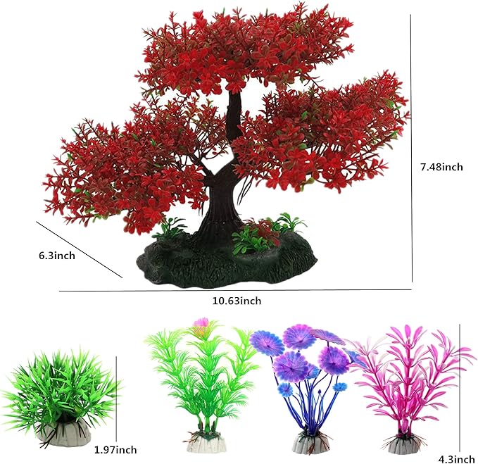 Aquarium Tree Trunk Large Plants Decorations, 5pcs Simulation Resin Cherry Blossom Tree & Aquatic Plants Aquarium Decor, Goldfish Tank Decorations Set, Fish Tank Hides Tree Decoration Kit (Red)
