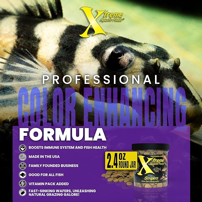 Xtreme Scrapers Wafers - Premium 14mm Fast-Sinking Fish Food – Nutrient & Cellulose Rich Ideal for Nocturnal Feeders, Catfish, Plecostomus Species, and Loaches – USA Farm Grown (2oz)