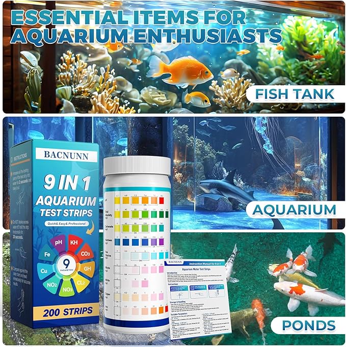 BACNUNN Aquarium Test Strips: 200CT 9 in 1 Quick & Accurate Fish Tank Water Testing Kit for Freshwater Pond Testing Nitrate Nitrite Hardness Free Chlorine pH Carbonate Total Alkalinity Copper Iron