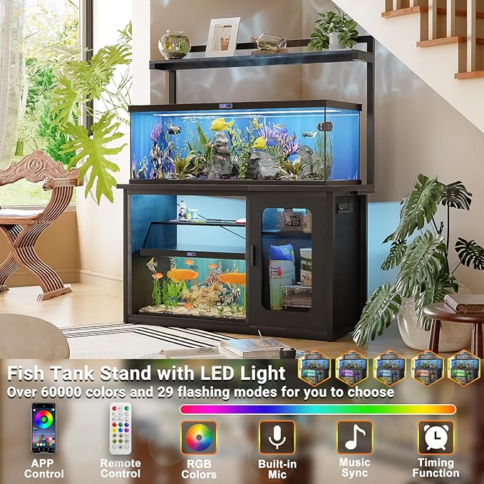 Unikito 55-75 Gallon Fish Tank Stand With Power Outlets & LED Light, Heavy Duty Aquarium Cabinet for Accessories Storage, Reversible Reptile Tank Terrarium Stand, Black