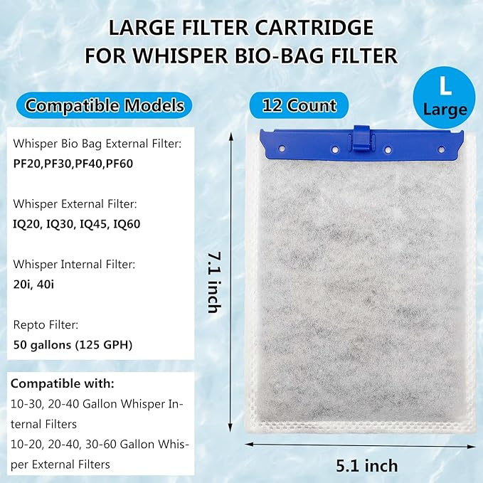 12-Pack Large Filter Cartridges for Tetra Whisper Bio-Bag Filters, Large Aquarium Replacement Filter Cartridge for Whisper 20i, 40i, IQ20/30/45/60, PF20/30/40/60 Power Filters