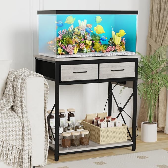20-29-37 Gallon Fish Tank Stand with Power Outlet, Heavy Duty Metal Aquarium Stand with Two Storage Drawers for Fish Tank Accessories Storage, Perfect for Turtle Tank, Reptile Terrarium, Grey