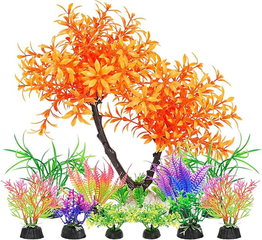 AQUANEAT Artificial Aquarium Plants, Fish Tank Orange Tree Decoration Set, Plastic Accessories, 11pcs