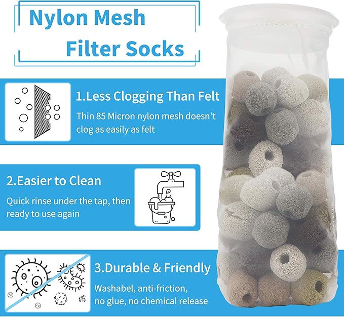 ZCONIEY Large Aquarium Filter Bags 7" Opening x 17" Long Nylon Filter Socks 75 Micron Felt Filtration 2Pack
