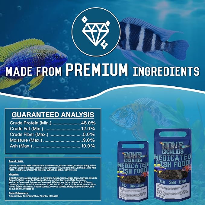 RON'S CICHLIDS Medicated Big Boy Blend African Cichlid Fish Food, Premium Tropical Fish Food Pellets with Protein, Veggies & Fruits for Healthier, Brighter & Bigger Tropical Fish & Cleaner Tanks, 8 OZ