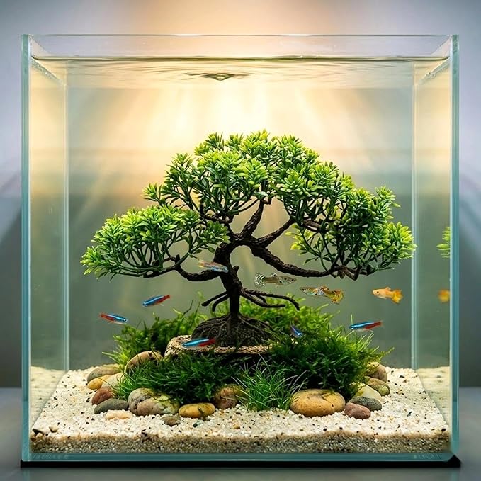 LOGOFUN 4 Pcs Aquarium Bonsai Tree Artificial Water Plant Fish Tank Decorations (Deep Green)