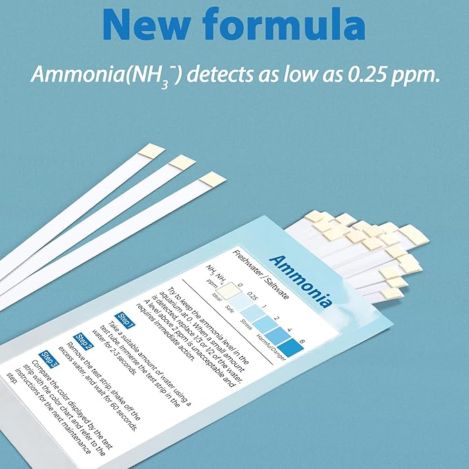 Ammonia Test Kit Aquarium (100 Strips) 0.25ppm High Precision Aquarium Test Kit for Freshwater & Saltwater | Fish Tank Test Strips Dedicated to Ammonia Detection.
