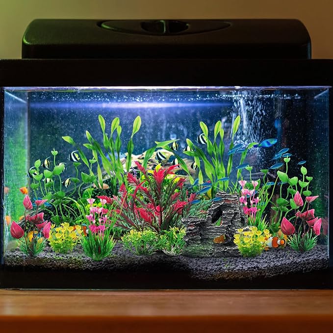 QUOZUO Fish Tank Accessories Aquarium Plants, 12pcs Colorful Fish Tank Artificial Plants and Cave Rock Decor Set, Aquarium Decorations Plants