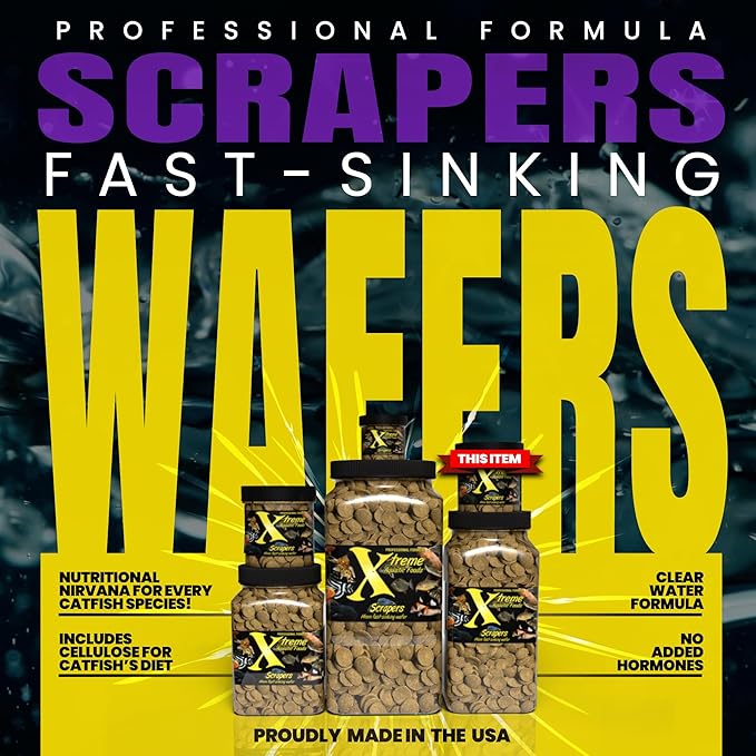 Xtreme Scrapers Wafers - Premium 14mm Fast-Sinking Fish Food – Nutrient & Cellulose Rich Ideal for Nocturnal Feeders, Catfish, Plecostomus Species, and Loaches – USA Farm Grown (5oz)