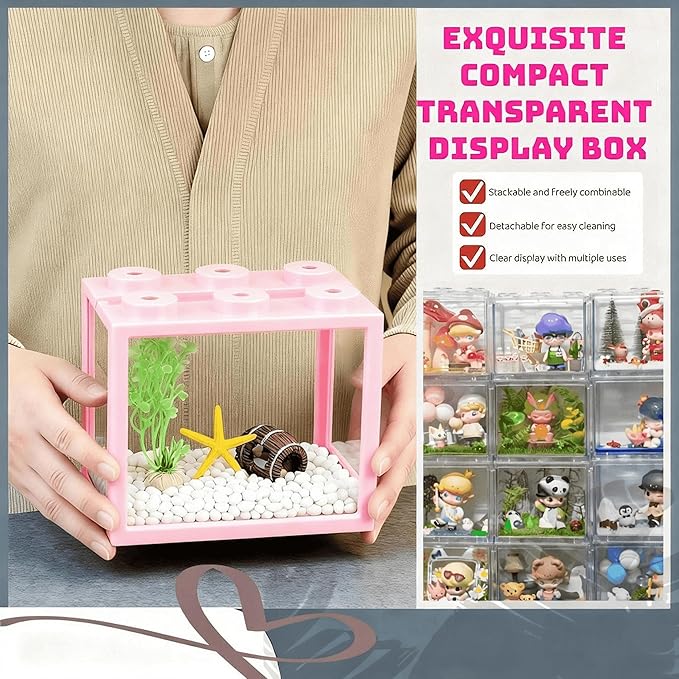 Small Betta Fish Tank, Stackable Mini Fish Tank Tiny Aquarium Tank Kit with Aquarium Gravel & Resin Decorations, 0.6 Gallon Cube Desktop Fishbowl for Snails, Crabs, Starfish (Pink)