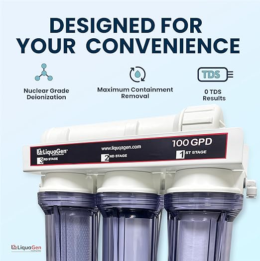 LiquaGen- Super Flow Reverse Osmosis & Deionization (RODI) Water Filtration System- 100 GPD | Ultra Pure Water Softener for 0 TDS/PPM Water | Water Purification System for Aquarium Filter Processes