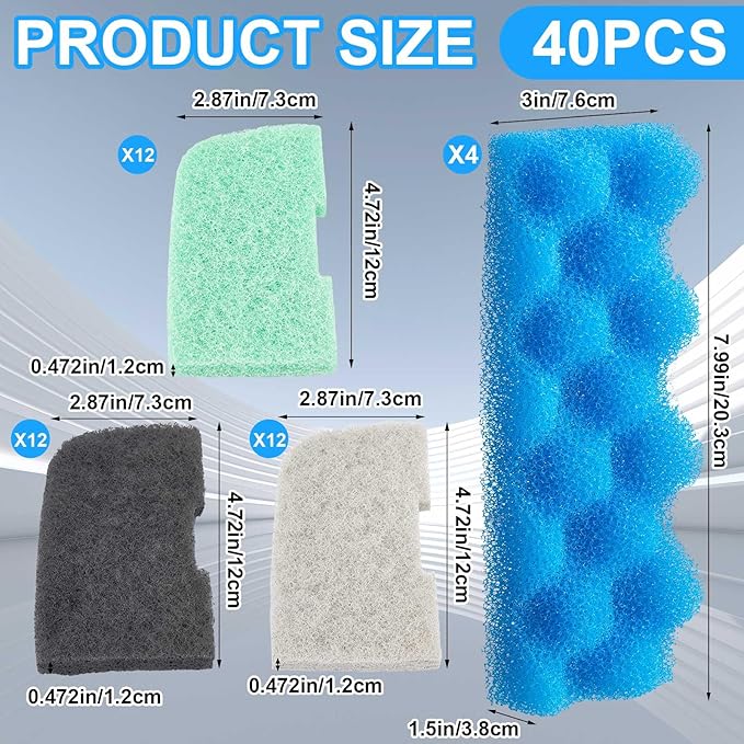 Threlaco 40 Pcs Replacement Filter Media Kit Compatible with Fluval 306/307, Aquarium Filters Set Including 4 Biological Foams, 36 Ammonia/Phosphate/Nitrite Remover
