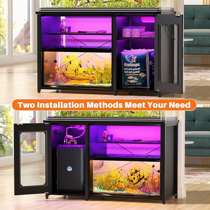 Unikito 55-75 Gallon Aquarium Stand with Power Outlets & LED Light, Reversible Fish Tank Stand with Cabinet for Fish Tank Accessories Storage, Heavy Duty Metal Frame, 880LBS Capacity, Black