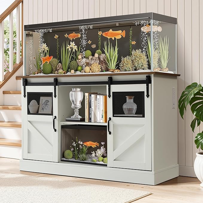 MAGIC UNION 55-75 Gallon Large Fish Tank Stand with Power Outlet, Heavy Duty Aquarium Stand with Sliding Barn Doors, Turtle Reptile Terrarium Stand with Cabinet for Accessories Storage, 1300LBS(White)