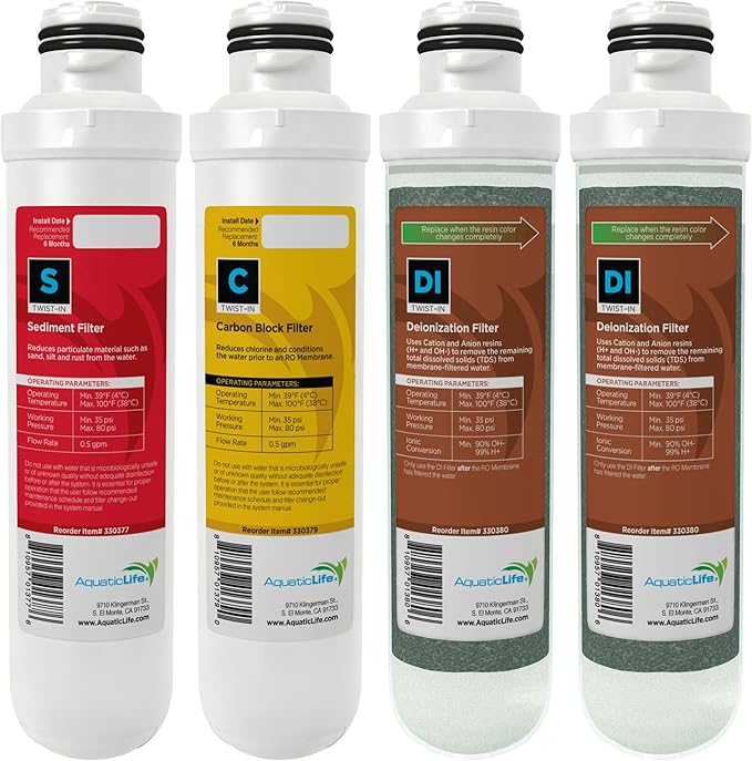 Aquatic Life Twist-In Reverse Osmosis Aquarium Water Filter Replacement Cartridge Pack, Includes Sediment, Carbon Block, and Deionization Resin Filters for 3 and 4-Stage RO/DI System