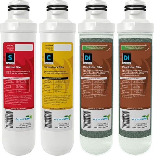 Aquatic Life Twist-In Reverse Osmosis Aquarium Water Filter Replacement Cartridge Pack, Includes Sediment, Carbon Block, and Deionization Resin Filters for 3 and 4-Stage RO/DI System