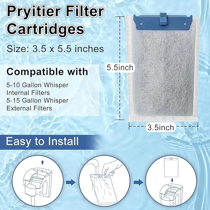 Pryitier 12 Pack Filter Cartridge Compatible with Whisper Bio-Bag Filters 10i/IQ10/PF10, Medium Replacement Filter Cartridges for Aquariums Compatible with ReptoFilte 20 gallons (90 GPH)