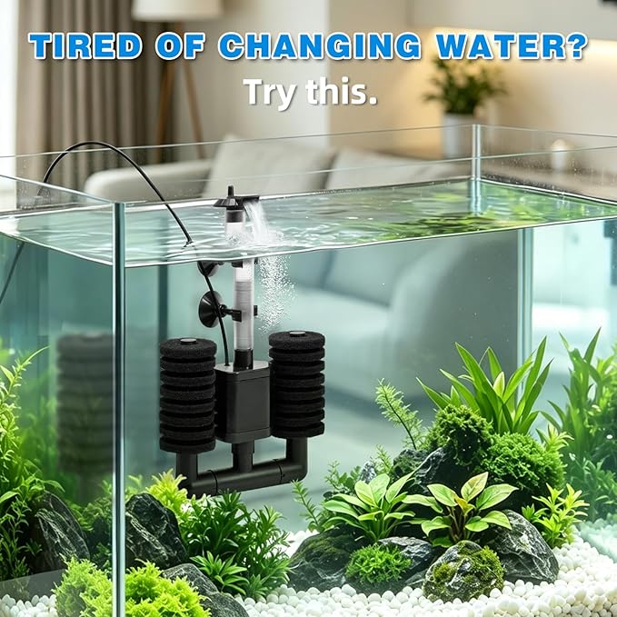 TARARIUM Aquarium Sponge Filter 5-20 Gallon Fish Tank Filter, Electric Power Double Sponge Filter, Quiet Small Low Flow Foam Filter for Fish Tank Betta Shrimp, Intake Dual Sponge Filter Kit w/Pump