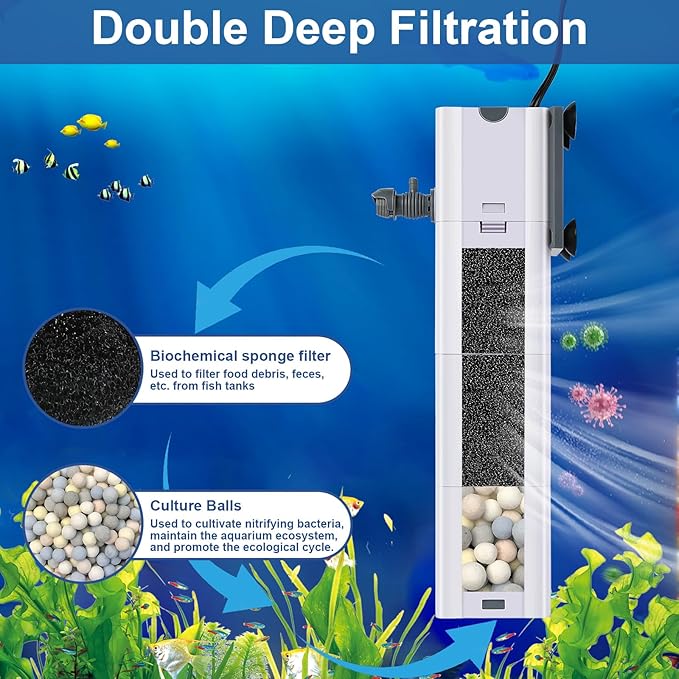 320 GPH 4-in-1 aquarium filter, 60-100 gallon fish tank filters Filtration and Oxygenation, filter for fish tank with biochemical cotton, ceramic beads, Multi-functional turtle tank filter(20 W)