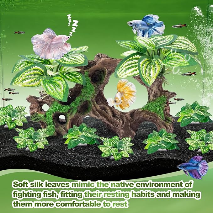 CousDUoBe 8 Pcs Fish Tank Decor，Silk Aquarium Plants Green Silk Leaf pad Hammock Artifical Driftwood cave Betta Fish Tank Accessories 7 x 2.8 x 4 inches(LxWxH)
