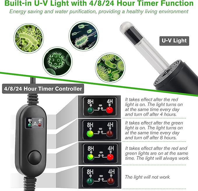 hygger 4-in-1 Submersible U-V Filter Pump, Internal Green Water Killer with Timer, 210GPH 8W Adjustable Fish Tank Filter, Increase Oxygen for 40-80 Gallon Aquarium Tank