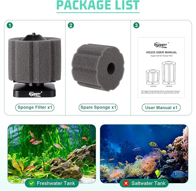 hygger Self-Sinking Sponge Filter for 3–30 Gallon Aquarium, Air Powered Foam Filter for Freshwater & Saltwater Tanks, Betta & Shrimp Safe