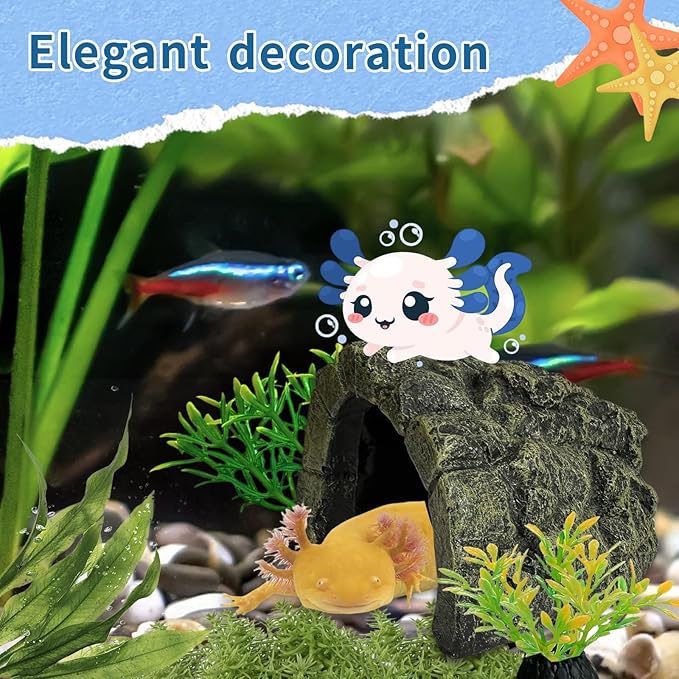 Axolotl Tank Accessories, Aquarium Decor Set with 1 Resin Simulation Rock Cave Hideout and 2 Plastic Artificial Plants, Fish Tank Decorations, Axolotl Tank Decor