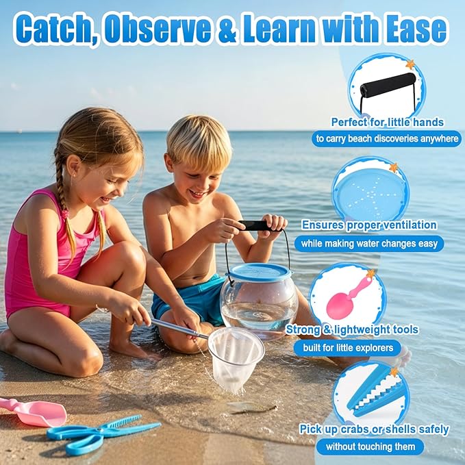Kids Beach Exploration Kit, Catch & Release Aquarium Toy Set with Net, Crab Tongs, Sand Shovels & Clear Critter Keeper, Beach Toys for Kids Ages 2–12 (Beach, Lake, River)