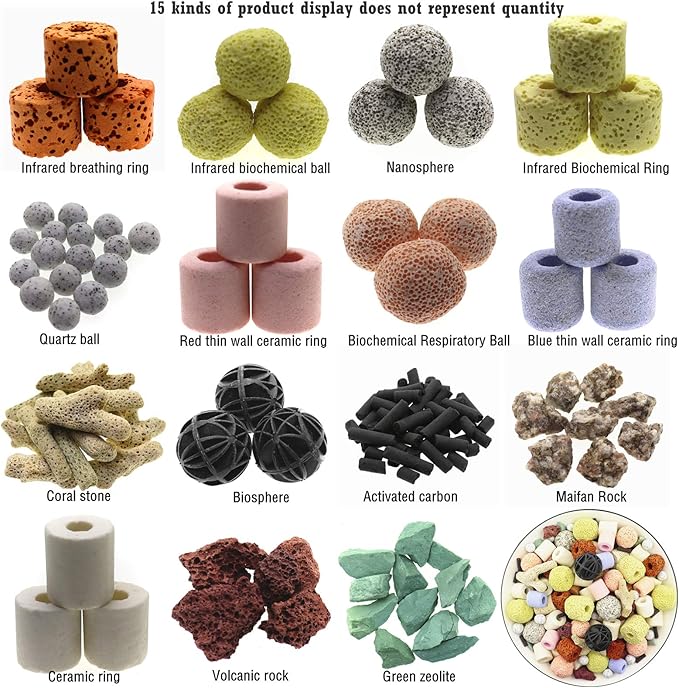 Aquarium Filter Media 15-in-1 Mineral Balls & Ceramic Rings - 1000g with Zippered Mesh Bag for Fish Tank/Pond Filters
