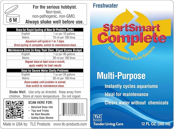 TLC Products StartSmart Complete Freshwater Aquarium Cycle Starter & Beneficial Nitrifiers, Supports Clear Water & Biofiltration, Reduces Excess Sludge, 12 oz (355 ml)