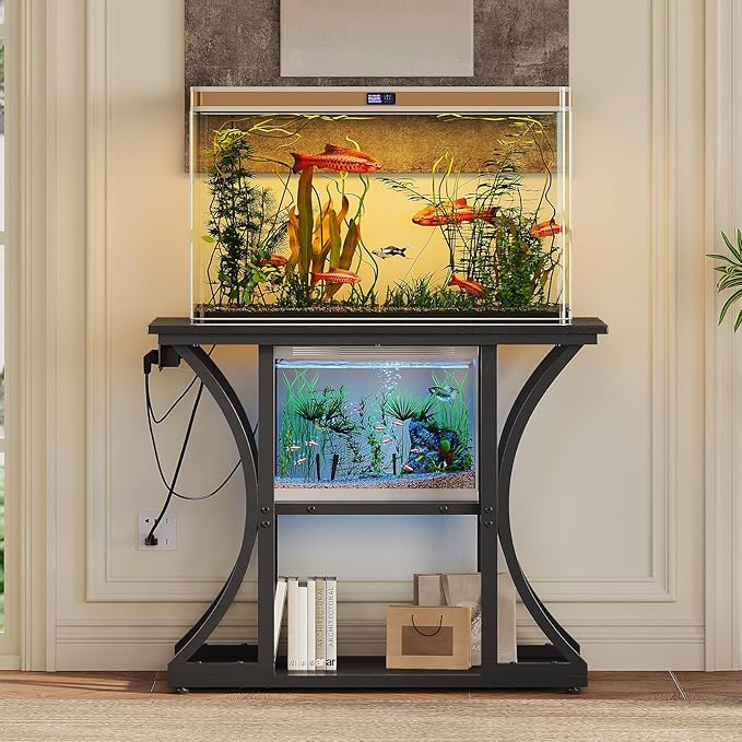 50 Gallon Aquarium Stand with Power Outlets Fish Tank Stand with 3-Tier Storage Shelves Display Stand for Turtle Tank Shelves Metal Frame Stand for Living Room Office Entryway(Black)