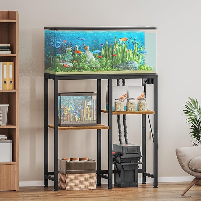 YATINEY 20-29 Gallon Fish Tank Stand with Power Outlet, Aquarium Stand Storage Organizer, Heavy Duty Terrarium Stand for Living Room, Home Office, Black and Rustic Brown FT01UBR