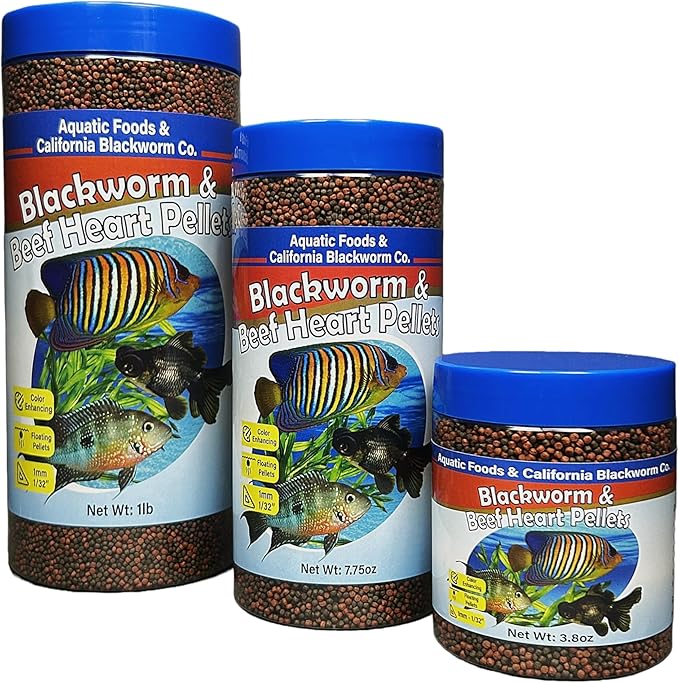 1mm -1/32" California Blackworm & Beef Heart Floating Pellets for Marines, Cichlids, Tropical Fish, Koi & Pond Fish, 4-Type Wafer & 12-Type Pellet Mix Included 7.75oz Canister