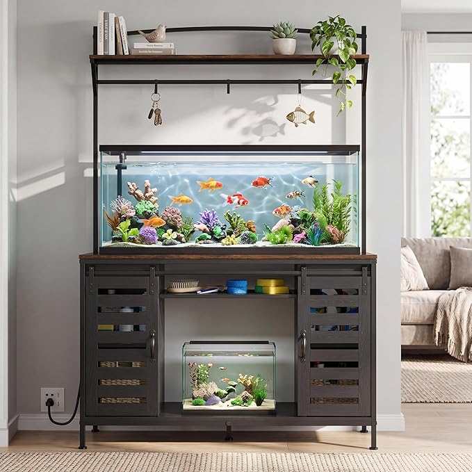 Petrova 100-120 Gallon Fish Tank Stand with Power Outlet, Metal Double Aquarium Stand with Storage Cabinet and Sliding Barn Door, Heavy Duty Reptile Tank Stand, 48" L* 24"W Tabletop, 1000LBS Capacity, Black