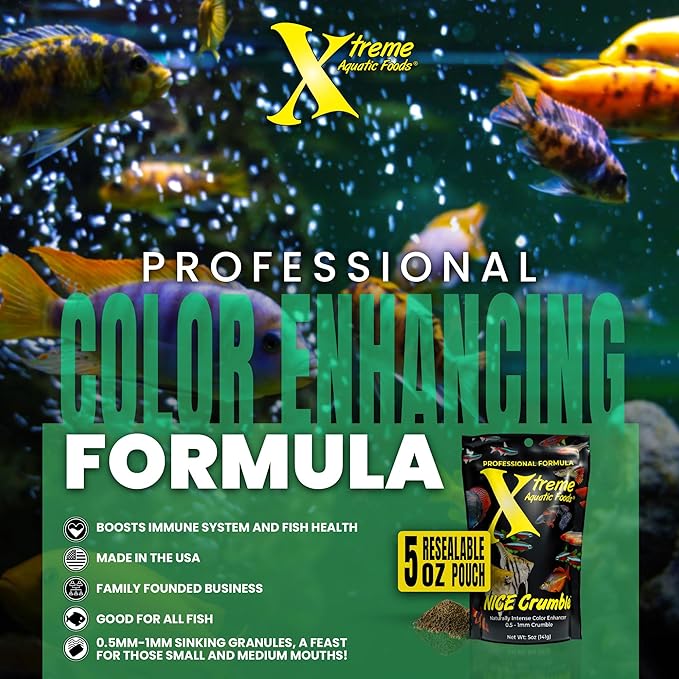 Xtreme Nice Crumbles - Color Enhancer for Small to Medium Fish - Max Protein Formula, Resealable Pouch, Ideal Supplementary Fish Food - USA Farm Grown (5oz)