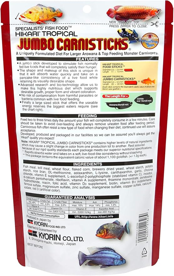 Hikari Tropical Jumbo Carnisticks Fish Food, 6.37 oz (182g)