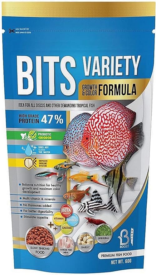 A.D.P. Fish Booster Bits Variety All Discus & Tropical Fish Food Mini Slow Sinking Pellets Grow Faster & Color Enhancing High Protein 47% for Goldfish & Aquarium Tropical Fish 60 g. Small Fish Feed