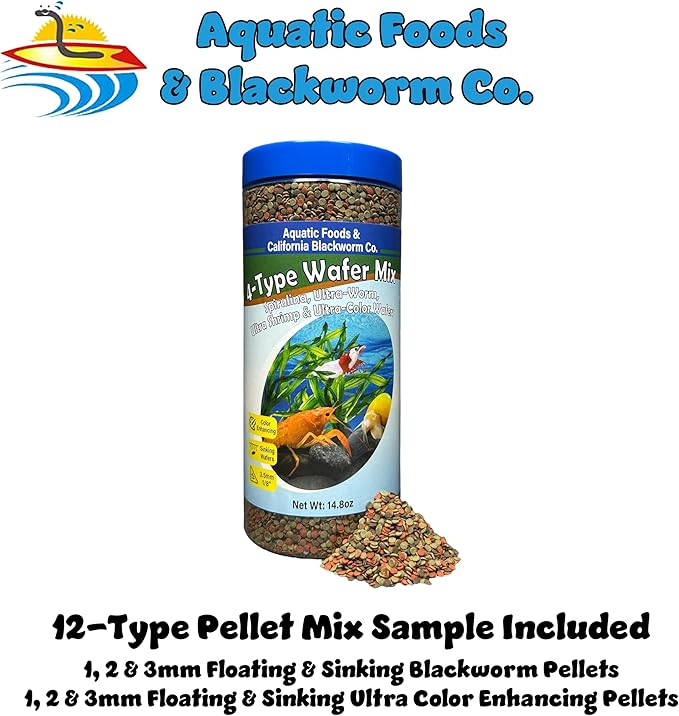 4-Type 3.5mm - 1/8" Sinking Wafer Mix of Spirulina-Algae, Ultra-Worm, Ultra-Shrimp, Color Enhancing Wafers for Shrimp, Snails, Crayfish, All Tropical Fish, 3.5mm..1-lb 4oz Canister