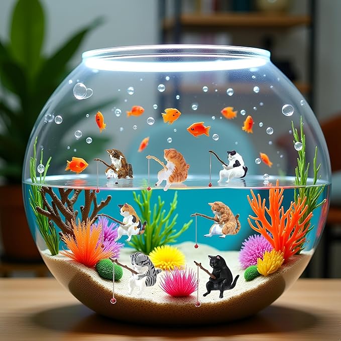 1pc Black Landscaping Cartoon Fishing Cat Ornaments,Household Supplies Home Office Decorations,Cute Fishing Cat Figurine Ornaments Aquarium Fish Tank Decor,Aquarium Accessories