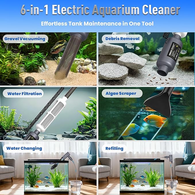 Cordless Electric Aquarium Gravel Cleaner: Rechargeable Fish Tank Cleaner with 4 Adjustable Suction, Anti-Clog for Debris Clean & Sand Washing,650GPH Automatic Water Changer for Small/Large Tank