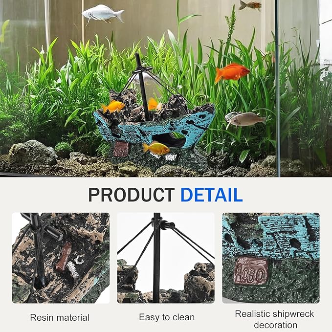 Fish Tank Decoration Aquarium Accessories, Fish Tank Ornaments, Shipwreck Decor, Resin Material Sunken Ship Decorations for Fish Favors, Multi