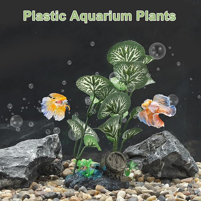Aquarium Plastic Plants, Silk Aquarium Plants, Silk Plants for Betta Fish Tank, Plastic Plant Decoration for Aquarium, Green, Round Leaves, 6.69" Tall