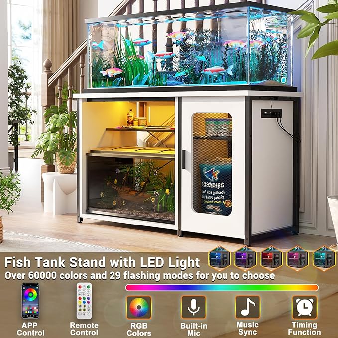 Unikito 55-75 Gallon Aquarium Stand with Power Outlets & LED Light, Reversible Fish Tank Stand with Cabinet for Fish Tank Accessories Storage, Heavy Duty Metal Frame, 880LBS Capacity, White