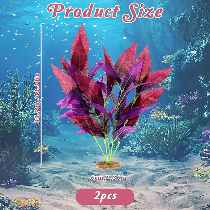2 Pcs Silk Fish Tank Plants, Silk Plants for Fish Tank 14 Inch Aquarium Plant for Aquarium Goldfish Turtle Tanks Decorations Purple