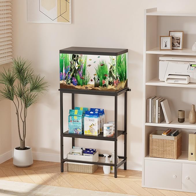 5-10 Gallon Fish Tank Stand, Aquarium Stand with 2-Tier Storage Shelves, Heavy-Duty Reptile Terrarium Stand Table with One-Piece Top for 10 Gallon Standard Model, 21.2" L x 11.8" W x 29.3" H (Black)