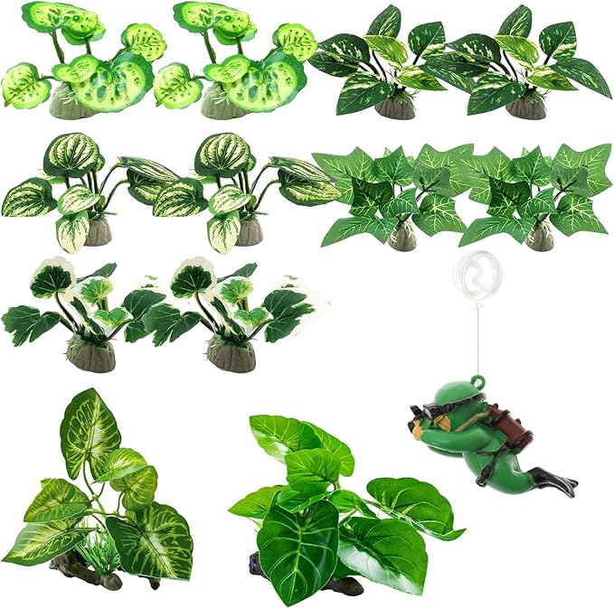AZY 13-Piece Betta Fish Tank Decor – Realistic Aquarium Plants Set, Silk Aquarium Plants with Weighted Base, Aquarium Decor with Floating Diver Ornament for Fish Tank Decorations