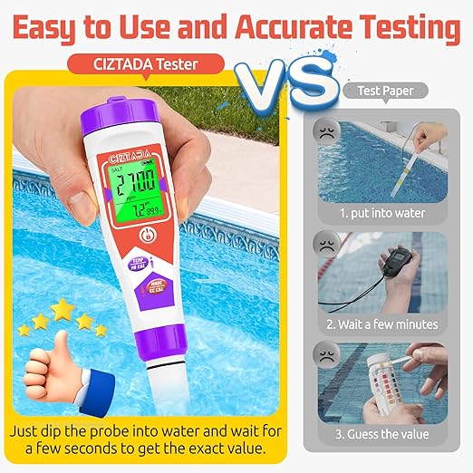 Pool Salt Tester for Swimming Pool Salinity Tester and pH Meter for Saltwater 5 in 1 Digital Salinity pH EC TDS Temp Meter with 35ppt Calibration Solution for Hot tub, Reef Aquarium, Koi Pond