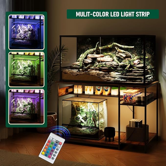 Reptile Tank Stand with Power Outlets，48" X 24" Tabletop Fits up to 120 Gallon Bearded Dragon Enclosure Stand，Double Snake Terrarium Table with Light